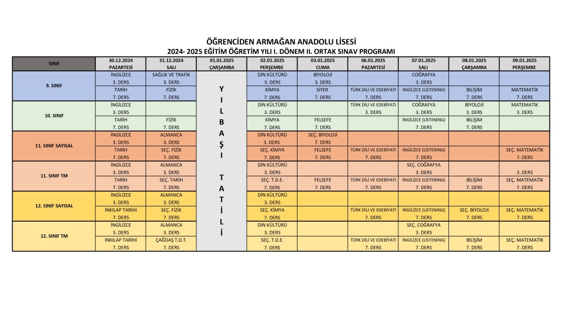 1. DÖNEM 2. YAZILI SINAV TAKVİMİ