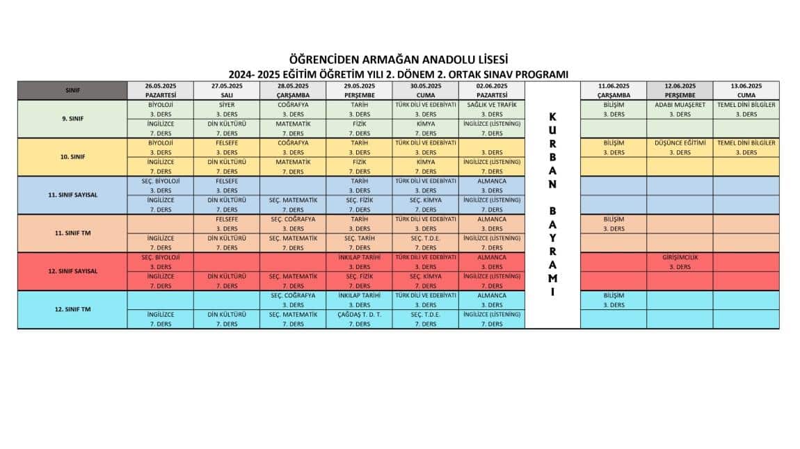 2. Dönem 2. Yazılı Sınav Programı 