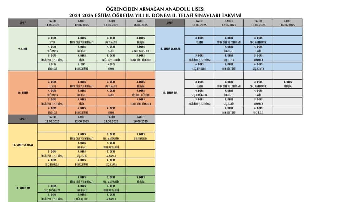 TELAFİ SINAVLARI TAKVİMİ